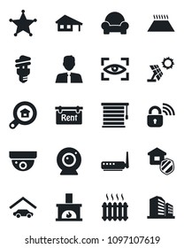 Set of vector isolated black icon - house with garage vector, rent, estate search, agent, cushioned furniture, fireplace, heater, insurance, wireless lock, router, web camera, warm floor, jalousie