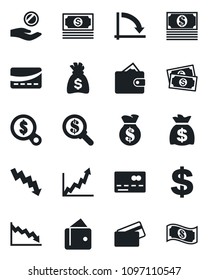 Set of vector isolated black icon - credit card vector, dollar sign, money bag, crisis graph, cash, wallet, growth, search, investment