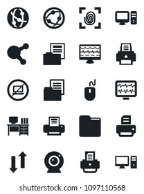 Set of vector isolated black icon - no laptop vector, mouse, desk, printer, monitor pulse, folder document, network, share, data exchange, fingerprint, web camera, pc