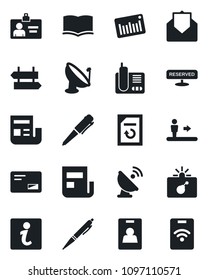 Set of vector isolated black icon - escalator vector, signpost, bomb in case, identity card, book, pen, document reload, barcode, satellite antenna, radio phone, mail, news, reserved, information