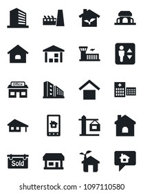 Set of vector isolated black icon - elevator vector, airport building, office, house, hospital, store, warehouse storage, with garage, sold signboard, crane, factory, cafe, eco, home control app