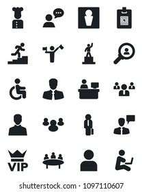 Set of vector isolated black icon - dispatcher vector, male, vip, speaking man, pedestal, team, meeting, manager place, disabled, client, speaker, group, user, identity card, career ladder, cook