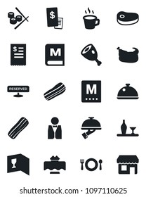 Set of vector isolated black icon - coffee vector, waiter, dish, alcohol, restaurant table, cafe, wine card, menu, reserved, bacon, receipt, chicken, steak, ham, sushi, storefront