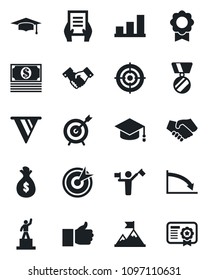 Set of vector isolated black icon - dispatcher vector, handshake, pedestal, medal, graduate, document, finger up, sertificate, bar graph, target, motivation, money bag, pennon, crisis, cash