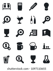 Set of vector isolated black icon - document search vector, bulb, blood test vial, thermometer, heart diagnostic, ampoule, fragile, cargo, client, alcohol, wine card, drink, cocktail, phyto bar