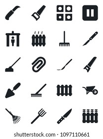 Set of vector isolated black icon - security gate vector, trowel, farm fork, rake, wheelbarrow, saw, hoe, garden knife, scalpel, pause button, application, paper clip, heater, radiator
