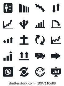 Set of vector isolated black icon - elevator vector, right arrow, growth statistic, crisis graph, route, signpost, up side sign, sorting, update, data exchange, compass, bar, moving, clock