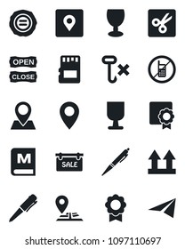 Set of vector isolated black icon - no mobile vector, pen, stamp, navigation, pin, fragile, up side sign, hook, sd, cut, place tag, sertificate, sale, menu, open close, paper plane