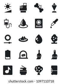 Set of vector isolated black icon - ticket office vector, passport, pennant, water drop, dropper, broken bone, low battery, themes, brightness, music, copier, fruit tree, serviette, fridge
