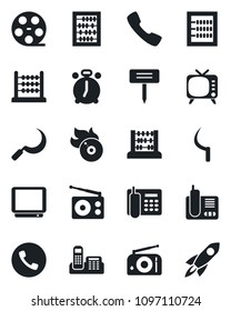 Set of vector isolated black icon - alarm clock vector, phone, abacus, sickle, plant label, reel, flame disk, radio, tv, call, office, rocket