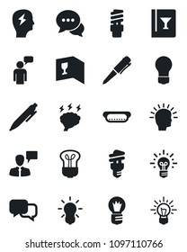 Set of vector isolated black icon - speaking man vector, pen, brainstorm, bulb, dialog, wine card, hot dog, energy saving, shining head, idea