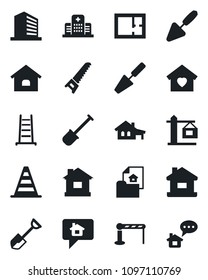 Set of vector isolated black icon - barrier vector, border cone, office building, trowel, shovel, ladder, saw, house, hospital, with garage, plan, estate document, sweet home, crane, message