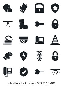 Set of vector isolated black icon - border cone vector, lock, glove, boot, hose, traffic light, shield, protect, key, intercome, home, surveillance, sprinkler