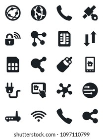 Set of vector isolated black icon - satellite vector, network, share, rca, call, sim, data exchange, wireless, power plug, lock, router, home control app, social media