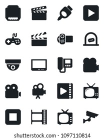 Set of vector isolated black icon - ticket office vector, clapboard, film frame, tv, gamepad, video camera, play button, stop, hdmi, intercome, surveillance