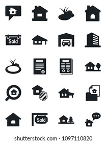 Set of vector isolated black icon - office building vector, house, pond, contract, with garage, tree, estate document, sold signboard, search, insurance, home message