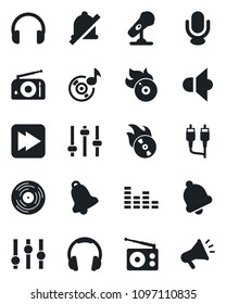 Set of vector isolated black icon - vinyl vector, flame disk, microphone, radio, speaker, settings, equalizer, headphones, fast forward, rca, tuning, bell, mute, music, advertising