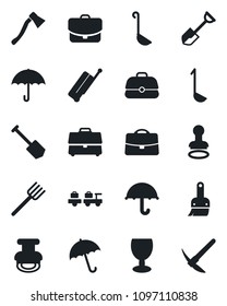 Set of vector isolated black icon - suitcase vector, umbrella, stamp, baggage larry, job, shovel, farm fork, axe, fragile, themes, case, ladle, hard work