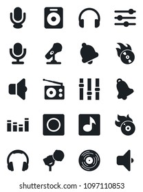Set of vector isolated black icon - vinyl vector, flame disk, microphone, radio, settings, equalizer, headphones, speaker, tuning, bell, record, music, sound