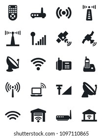 Set of vector isolated black icon - antenna vector, satellite, wireless notebook, office phone, remote control, radio, cellular signal, router, garage gate