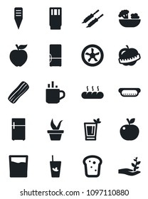 Set of vector isolated black icon - hot cup vector, seedling, plant label, diet, fridge, drink, phyto bar, salad, bacon, bread, kebab, dog, apple fruit, fan, palm sproute