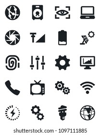 Set of vector isolated black icon - tv vector, network, laptop pc, speaker, low battery, call, mobile camera, settings, tuning, wireless, cellular signal, charge, monitor statistics, eye scan, gear