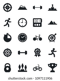 Set of vector isolated black icon - pedestal vector, medal, barbell, bike, run, heavy, stopwatch, clock, target, mountains, award cup