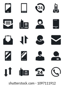 Set of vector isolated black icon - mobile phone vector, office, 24 hours, support, cell, radio, mail, data exchange