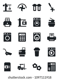 Set of vector isolated black icon - coffee machine vector, washer, fork loader, gear, ripper, lawn mower, printer, copier, crane, water filter, combination lock
