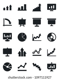 Set of vector isolated black icon - growth statistic vector, presentation board, crisis graph, monitor, circle chart, bar, pie, point, arrow up