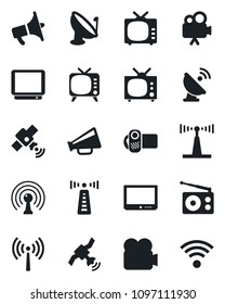 Set of vector isolated black icon - antenna vector, satellite, radio, loudspeaker, tv, video camera, wireless