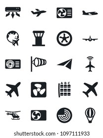 Set of vector isolated black icon - plane vector, airport tower, radar, wind, helicopter, seat map, globe, air conditioner, fan, paper, balloon