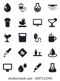 Set of vector isolated black icon - hot cup vector, water drop, dropper, flammable, monitor, alcohol, drink, cocktail, filter, sprinkler, flask