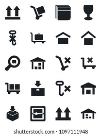 Set of vector isolated black icon - baggage trolley vector, fragile, cargo, warehouse storage, up side sign, no, hook, package, search, scanner, blank box