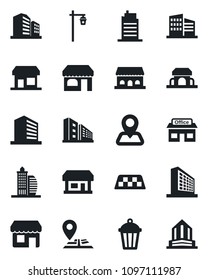 Set of vector isolated black icon - taxi vector, shop, office building, garden light, navigation, store, city house, cafe, storefront