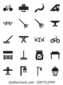 Set of vector isolated black icon - cafe vector, ladder car, rake, sickle, garden light, picnic table, fertilizer, bike, restaurant, alcove, outdoor lamp