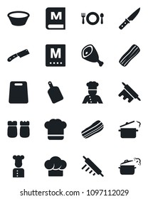 Set of vector isolated black icon - cook vector, cafe, hat, menu, bacon, salt and pepper, ham, bowl, rolling pin, cutting board, knife, steaming pan