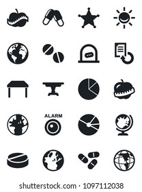 Set of vector isolated black icon - ticket office vector, globe, document reload, pills, diet, earth, pie graph, table, police, alarm led