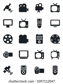 Set of vector isolated black icon - reel vector, satellite, tv, video camera, remote control, monitor