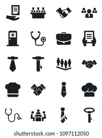Set of vector isolated black icon - medical room vector, handshake, team, tie, document, stethoscope, meeting, cook hat, case