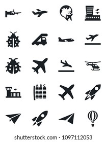 Set of vector isolated black icon - plane vector, departure, arrival, ladder car, boarding, helicopter, seat map, globe, airport building, lady bug, rocket, paper, air balloon