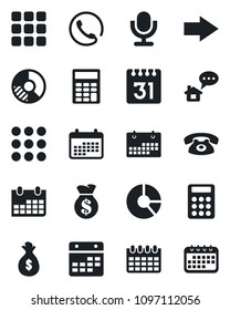 Set of vector isolated black icon - right arrow vector, calendar, circle chart, microphone, menu, calculator, phone, home message, money bag