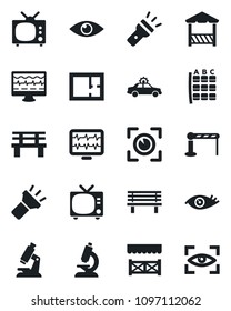 Set of vector isolated black icon - barrier vector, tv, alarm car, seat map, bench, monitor pulse, microscope, eye, torch, plan, alcove, scan