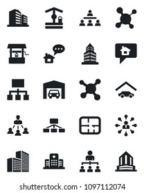 Set of vector isolated black icon - hierarchy vector, well, molecule, hospital, office building, garage, plan, home message