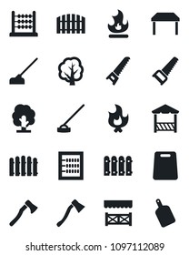 Set of vector isolated black icon - fence vector, tree, saw, fire, hoe, axe, abacus, table, alcove, cutting board