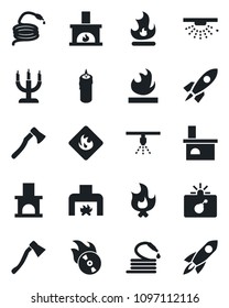 Set of vector isolated black icon - bomb in case vector, fire, hose, axe, fireplace, flammable, flame disk, candle, sprinkler, rocket