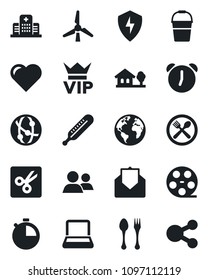 Set of vector isolated black icon - spoon and fork vector, vip, bucket, heart, thermometer, hospital, earth, reel, network, group, mail, protect, alarm, stopwatch, cut, notebook pc, house with tree