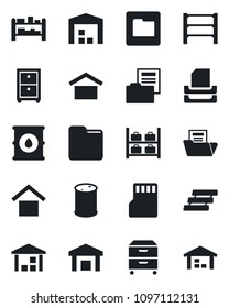 Set of vector isolated black icon - luggage storage vector, warehouse, oil barrel, rack, sd, folder, document, paper tray, archive box