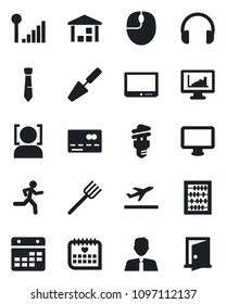 Set of vector isolated black icon - departure vector, credit card, abacus, mouse, trowel, farm fork, run, medical calendar, warehouse, tv, headphones, monitor, face id, cellular signal, statistics