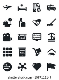 Set of vector isolated black icon - baby room vector, luggage scales, office binder, rake, well, heart, monitor pulse, ambulance car, hospital bed, plane, cargo, share, menu, network, video, mailbox